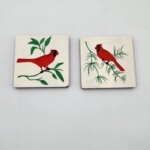 Vintage Cardinal Wall Hanging Trivets White Square Hand Painted Set of 2 Shabby